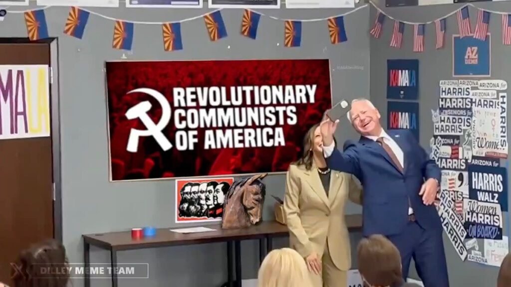 Fallacy: Kamala Harris and Tim Walz stand next to a communist poster