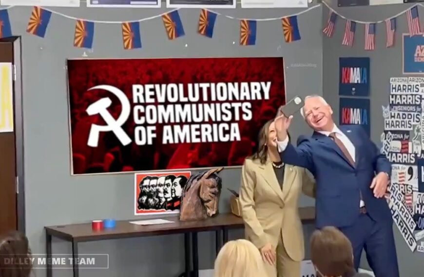 Fallacy: Kamala Harris and Tim Walz stand next to a communist poster